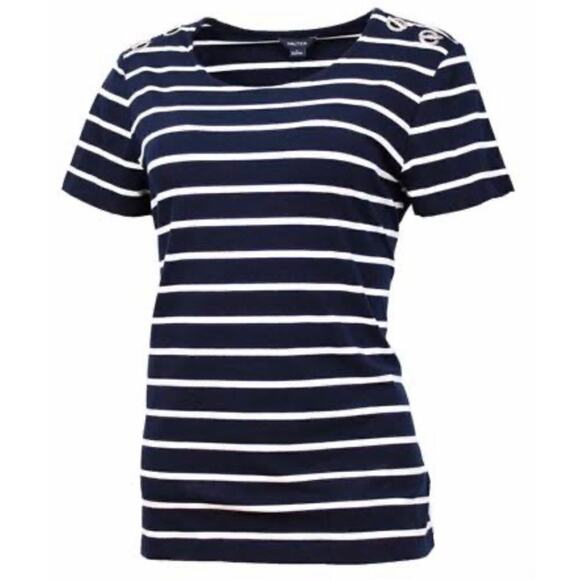 Nautical Womens Striped T-Shirt with Shoulder Bar Toggle (Navy/White, Small) - Picture 1 of 11